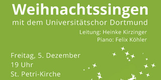 Plakatausschnitt zum Konzert: weiße Schrift "Weihnachtssingen mit dem Universitätschor Dortmund" auf TU-grünem Hintergrund